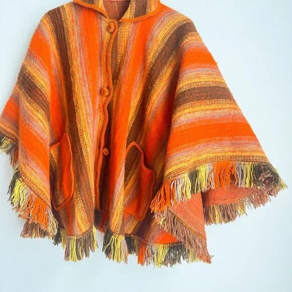 Vintage Wool Bright Orange Brown Striped Poncho w Patch Pockets OS - Picture 5 of 9